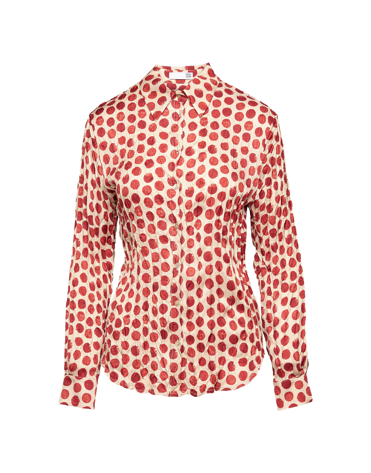 DOUUOD Camicia Stampata a Pois in Twill Plissé Vaniglia/Cherry
