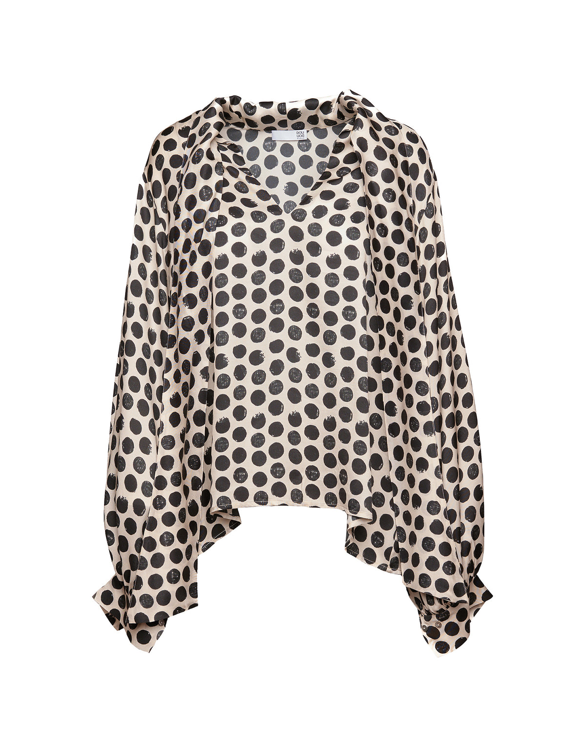 DOUUOD Blusa in Twill Stampato a Pois con Collo a Sciarpa Champagne/Nero