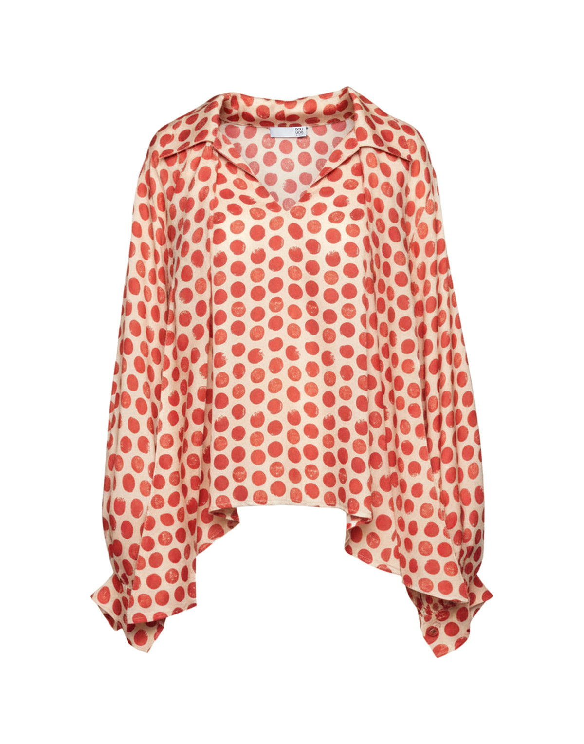 DOUUOD Blusa in Twill Stampato a Pois con Collo a Sciarpa Vaniglia/Cherry