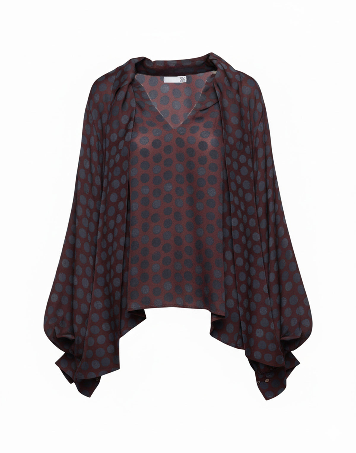 DOUUOD Blusa in Twill Stampato a Pois con Collo a Sciarpa Moka/Oltremare