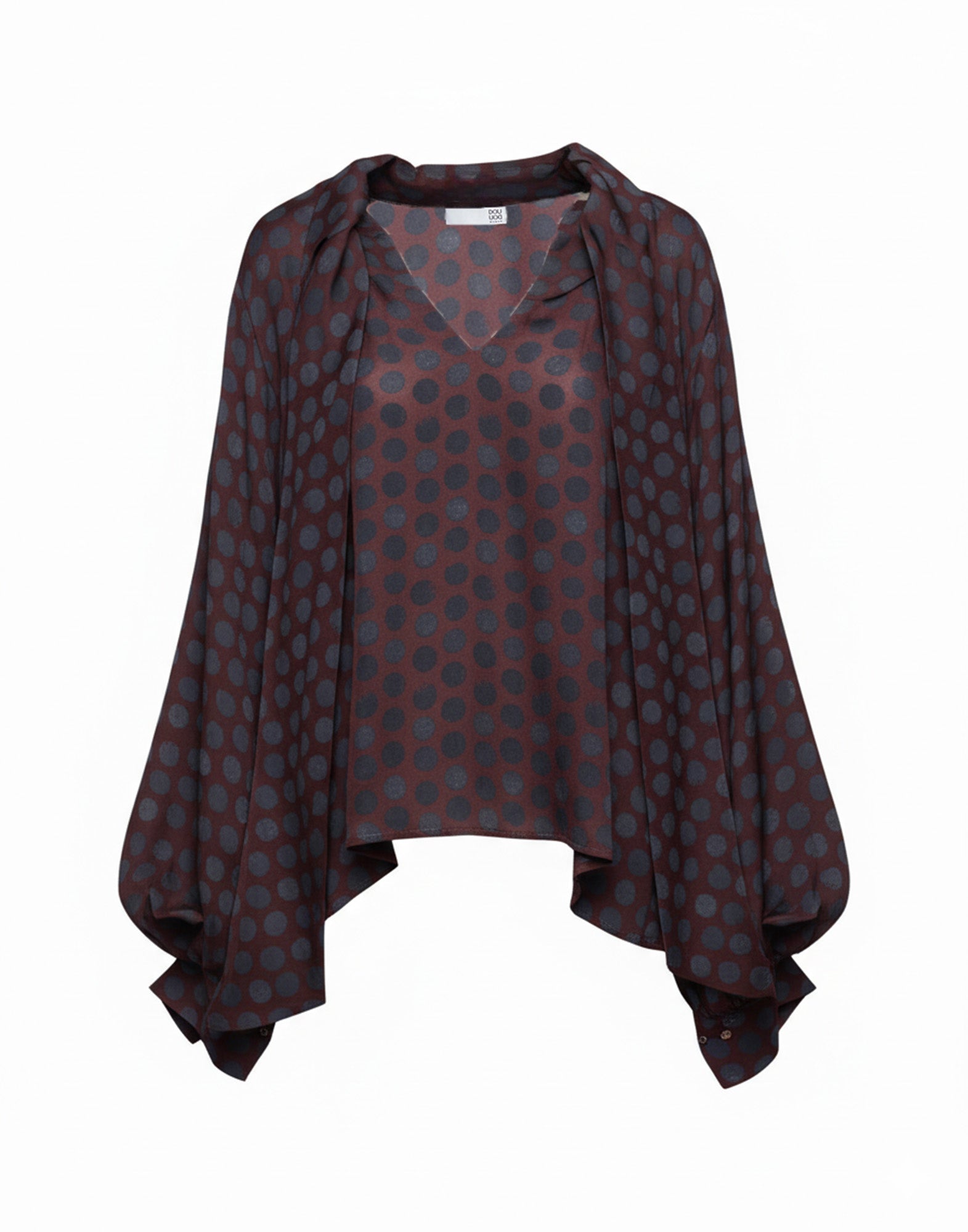 DOUUOD Blusa in Twill Stampato a Pois con Collo a Sciarpa Moka/Oltremare