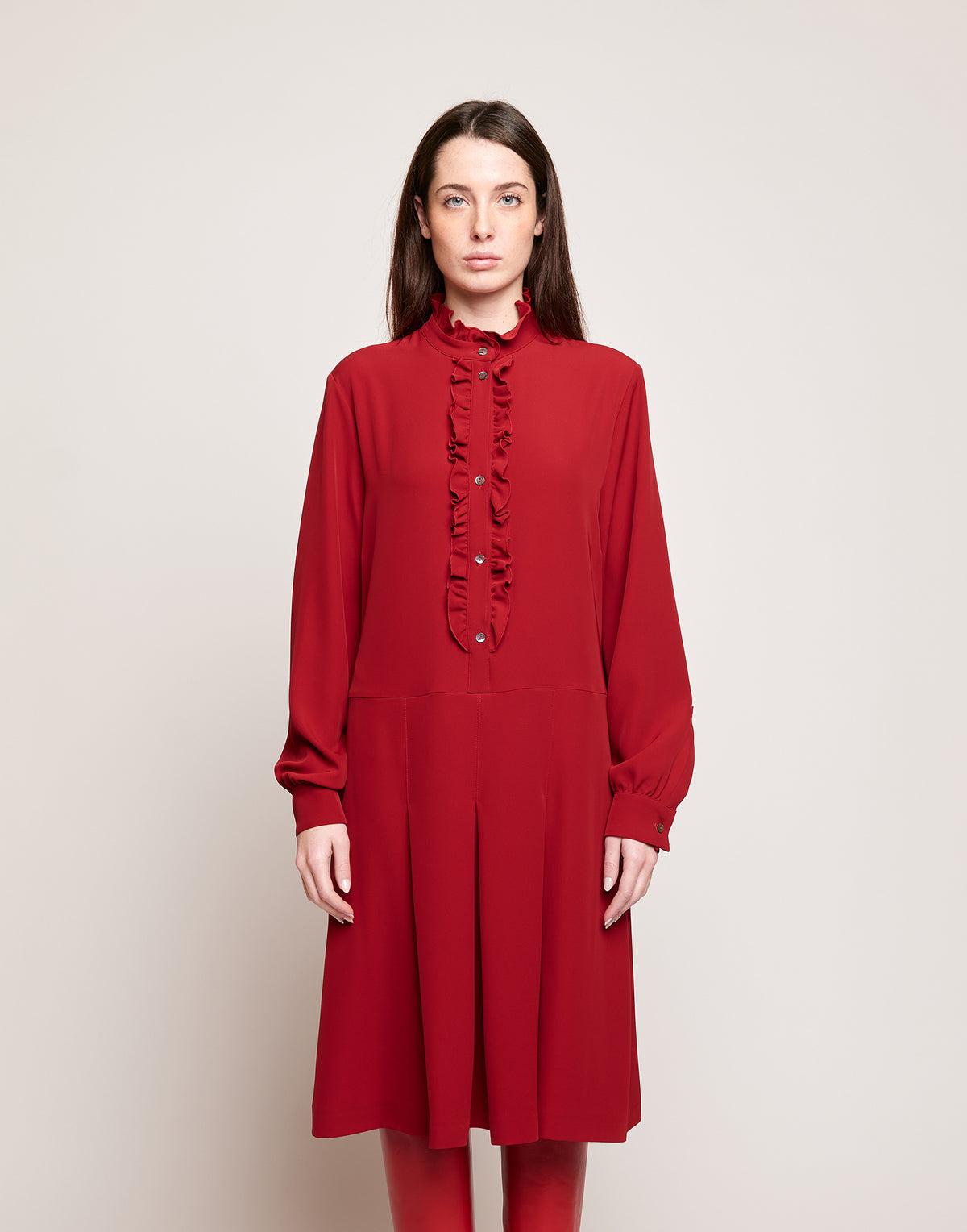 DOUUOD Abito Camicia in Cady Fluido con Rouches Cherry