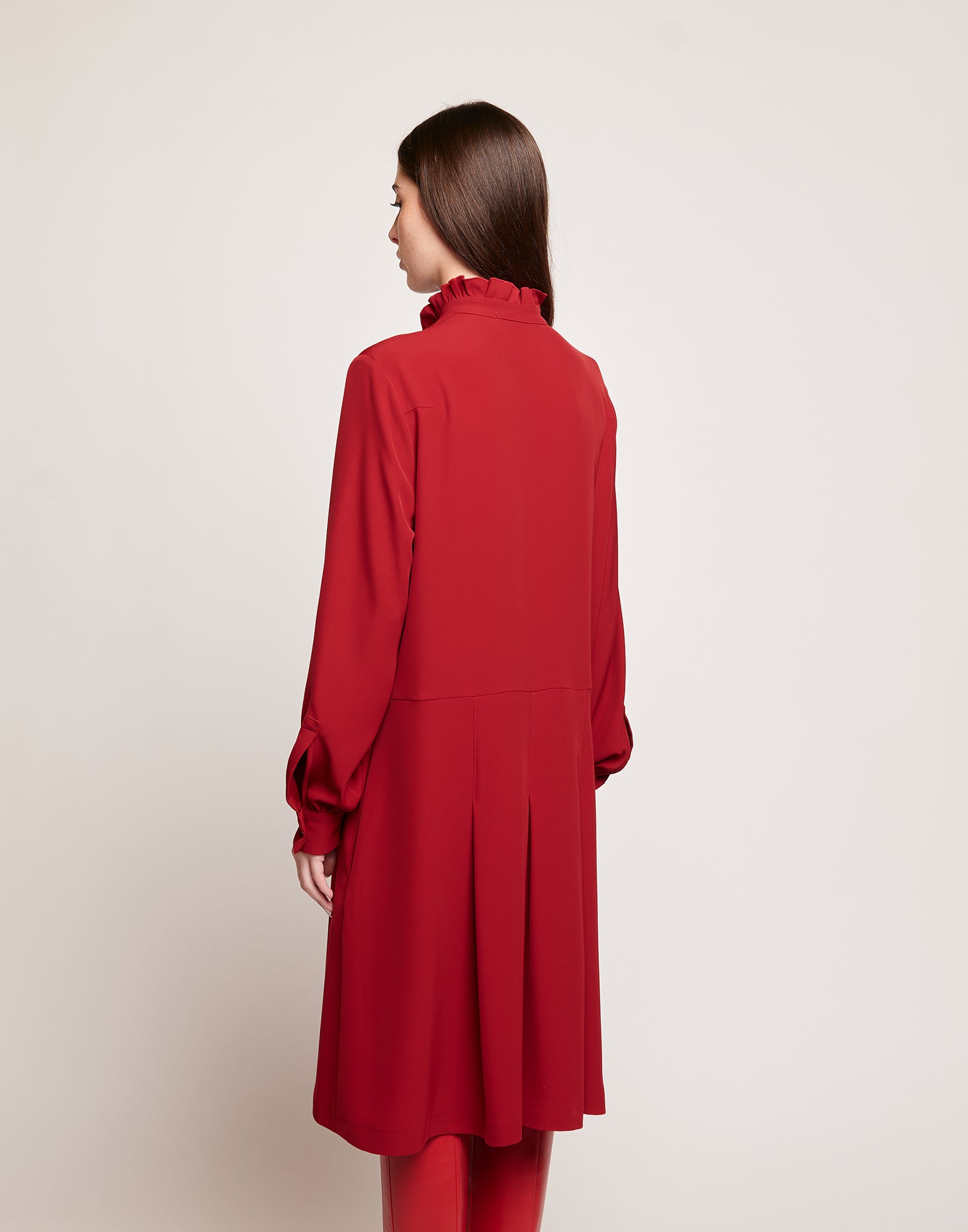 DOUUOD Abito Camicia in Cady Fluido con Rouches Cherry
