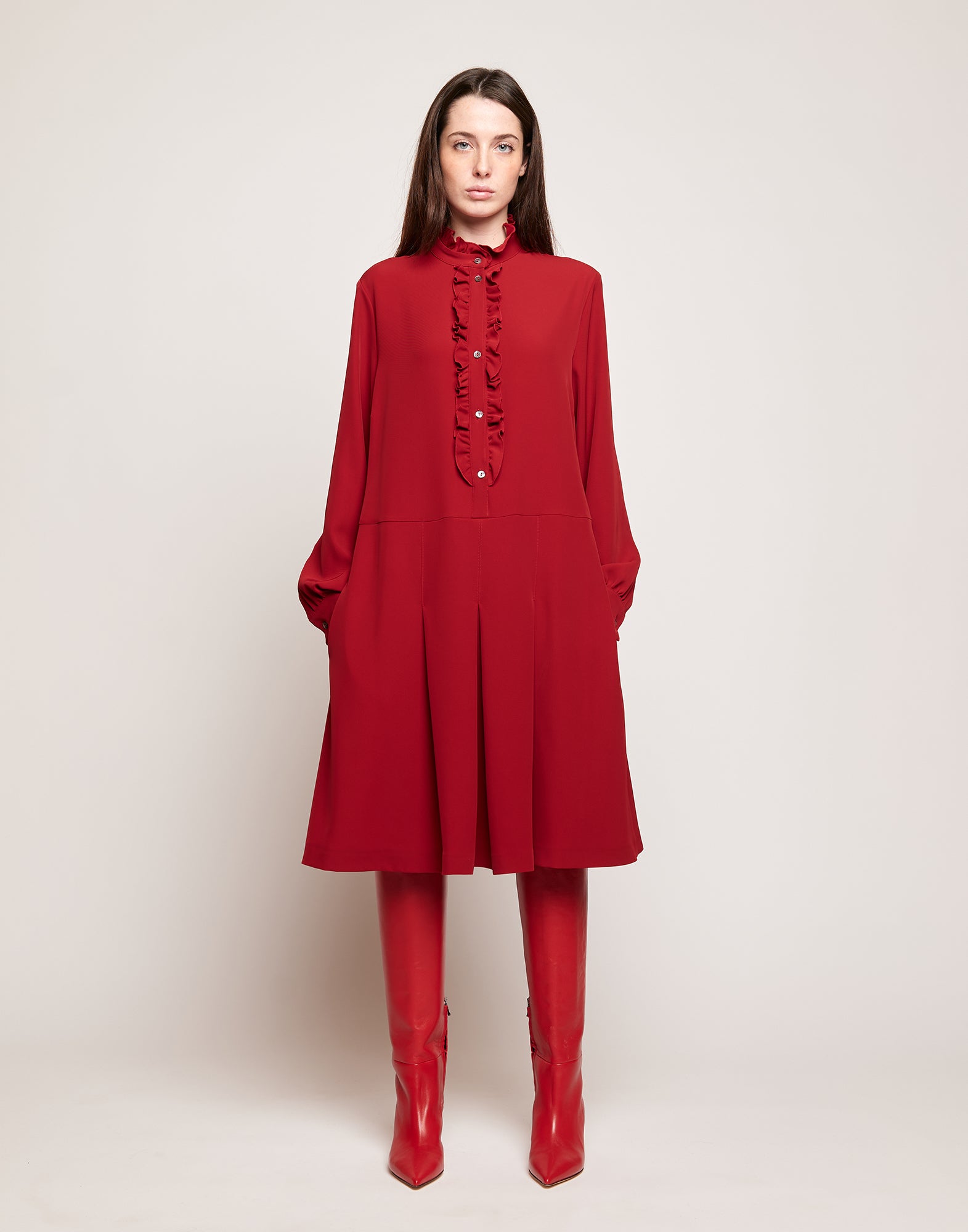 DOUUOD Abito Camicia in Cady Fluido con Rouches Cherry