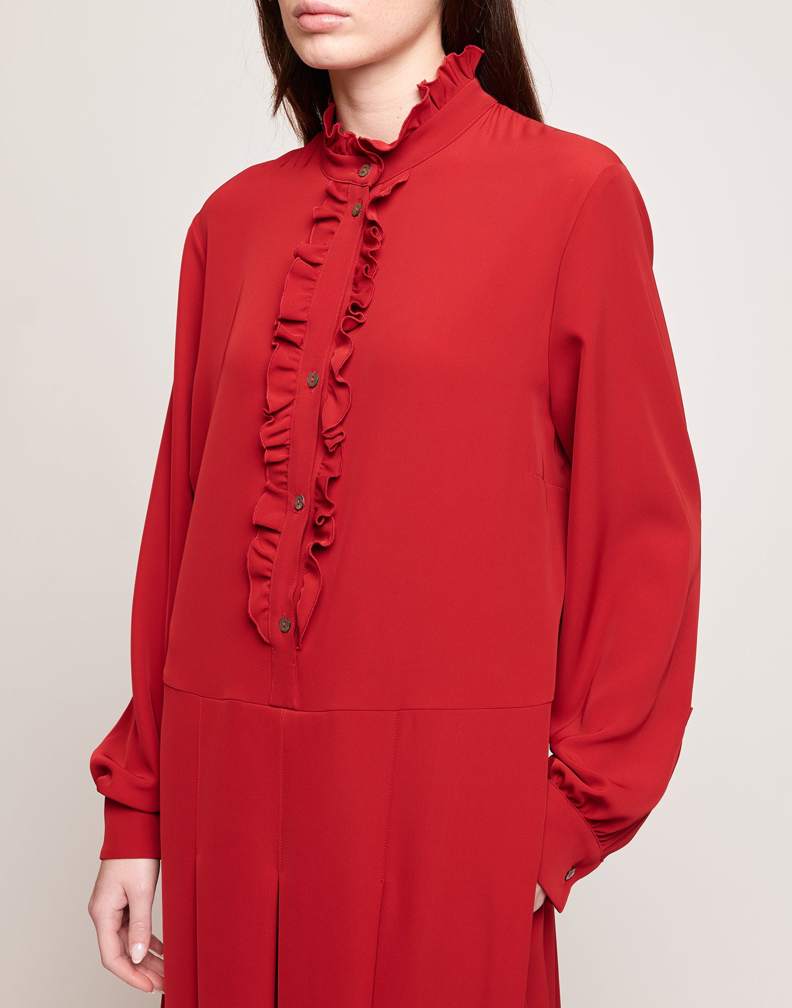 DOUUOD Abito Camicia in Cady Fluido con Rouches Cherry
