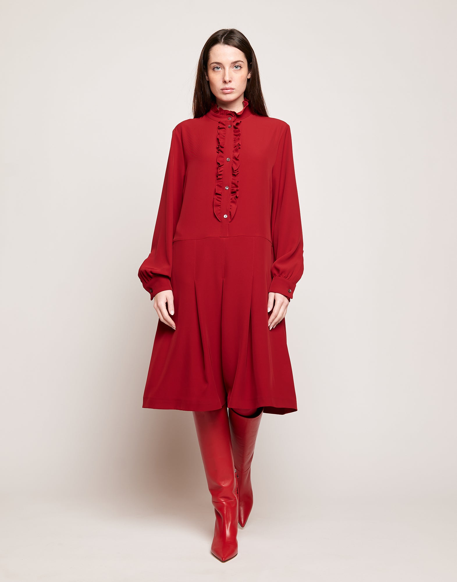DOUUOD Abito Camicia in Cady Fluido con Rouches Cherry