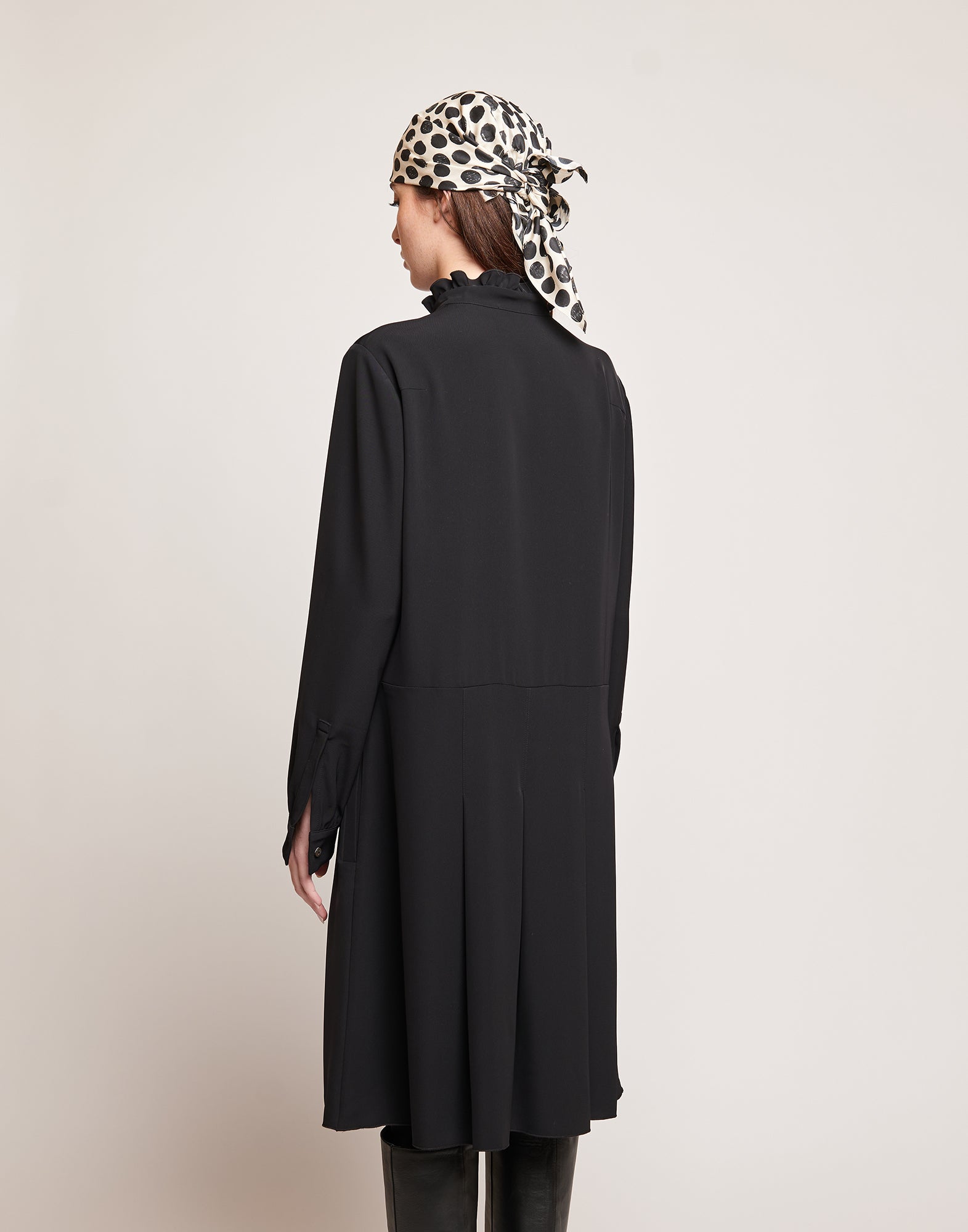 DOUUOD Abito Camicia in Cady Fluido con Rouches Nero