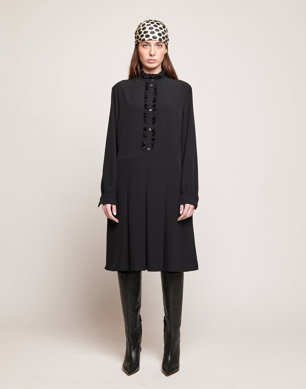 DOUUOD Abito Camicia in Cady Fluido con Rouches Nero