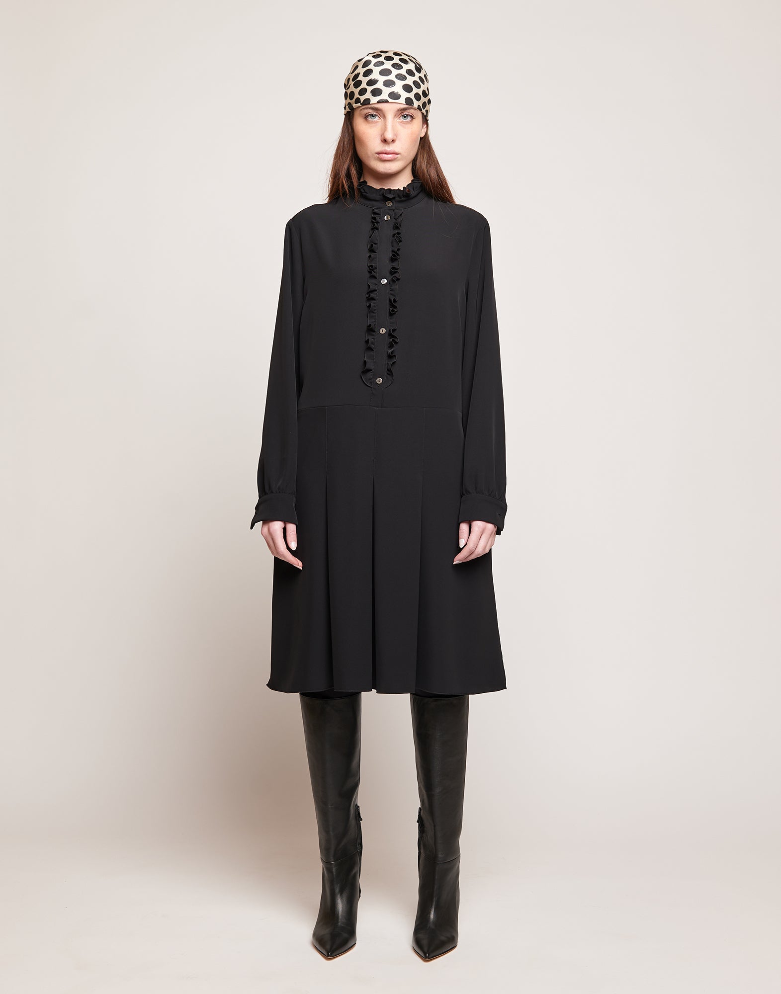 DOUUOD Abito Camicia in Cady Fluido con Rouches Nero