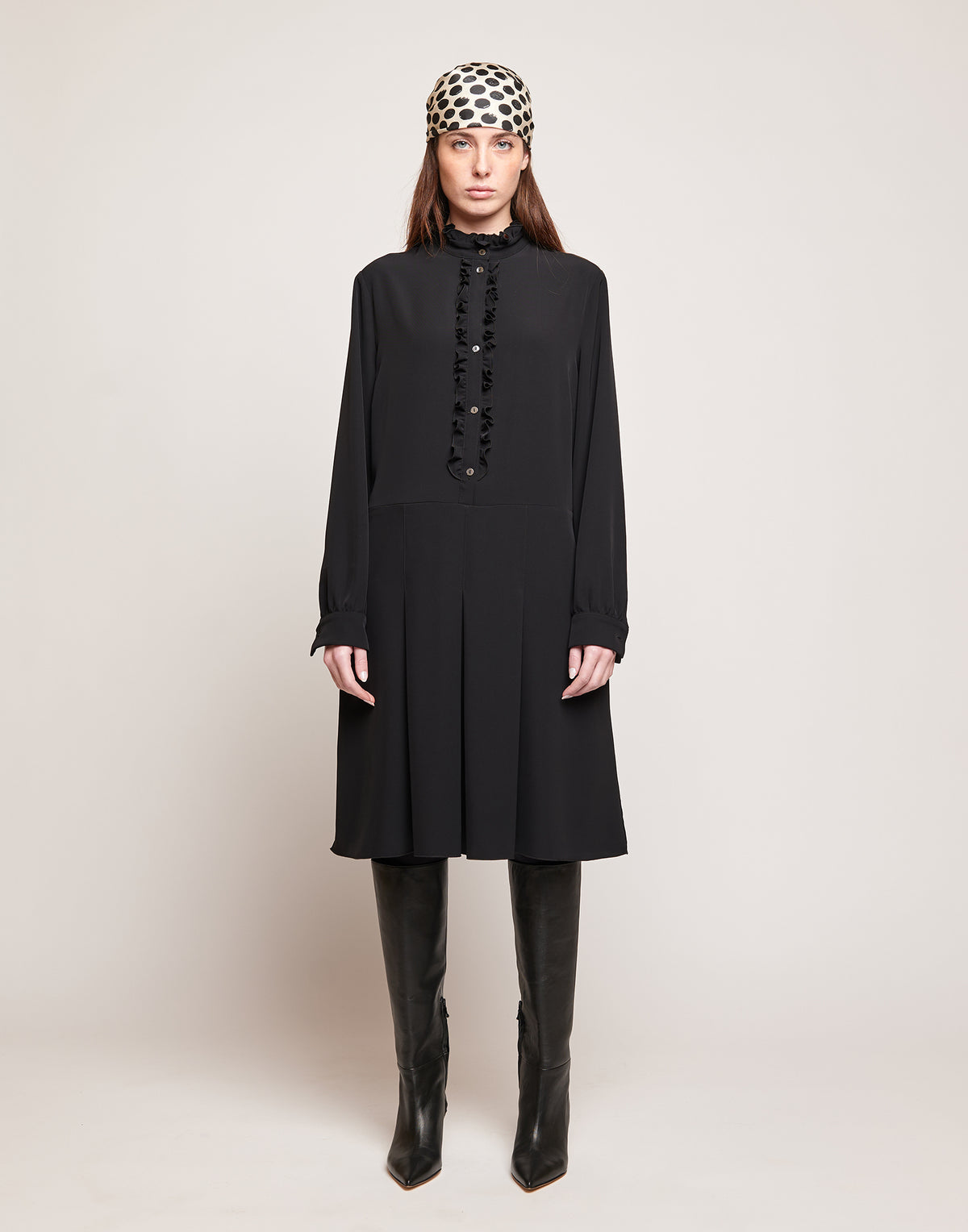 DOUUOD Abito Camicia in Cady Fluido con Rouches Nero