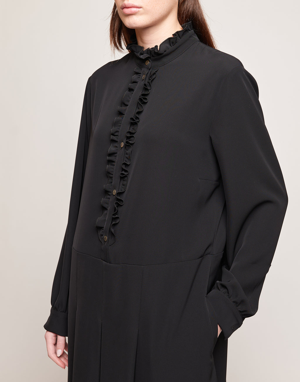 DOUUOD Abito Camicia in Cady Fluido con Rouches Nero