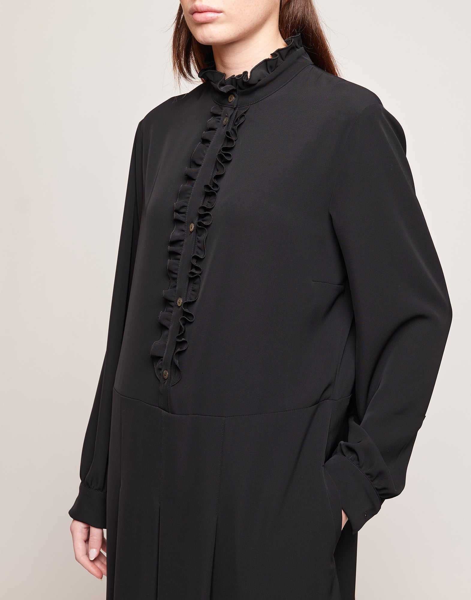 DOUUOD Abito Camicia in Cady Fluido con Rouches Nero