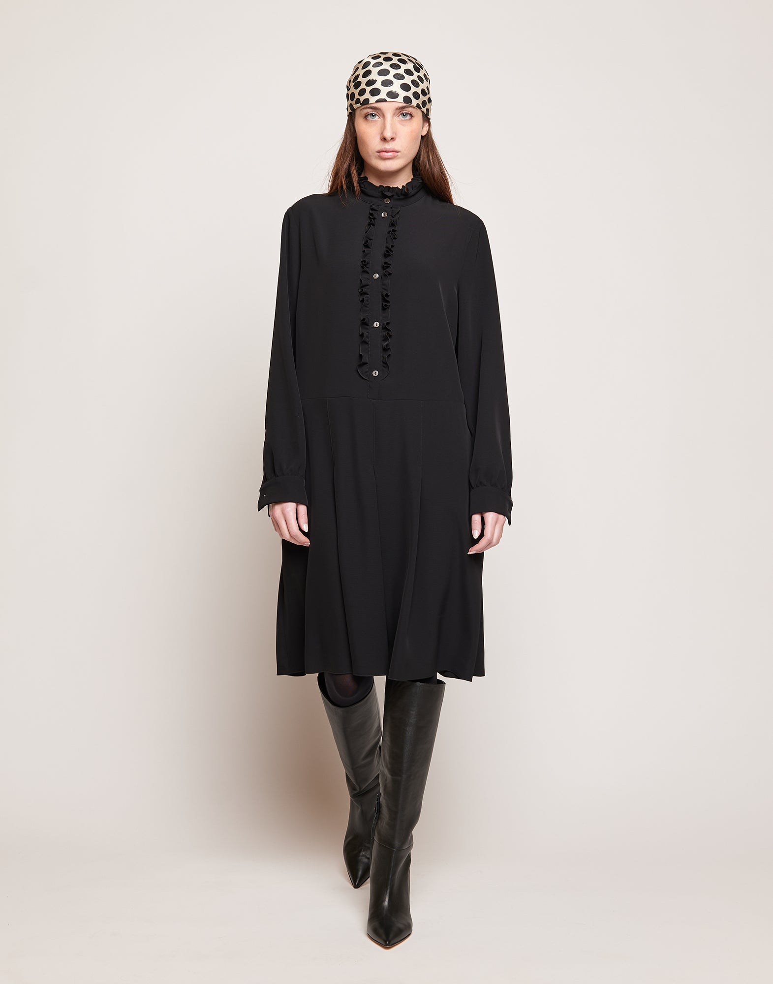 DOUUOD Abito Camicia in Cady Fluido con Rouches Nero