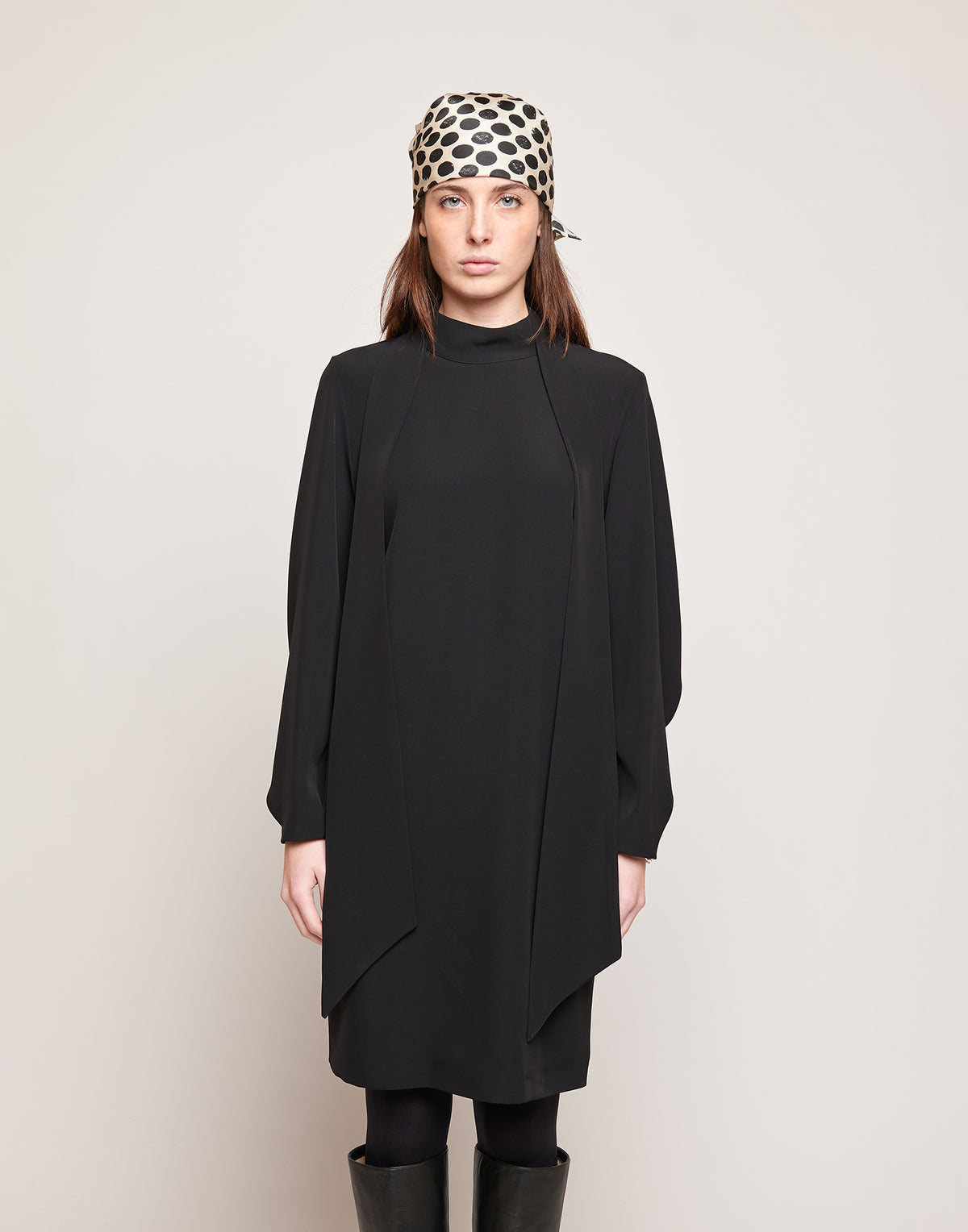 DOUUOD Robe Tunique en Cady Fluide avec Ruban au Cou Noir