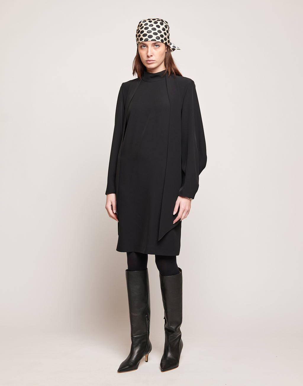 DOUUOD Abito Tunica in Cady Fluido con Nastro al Collo Nero