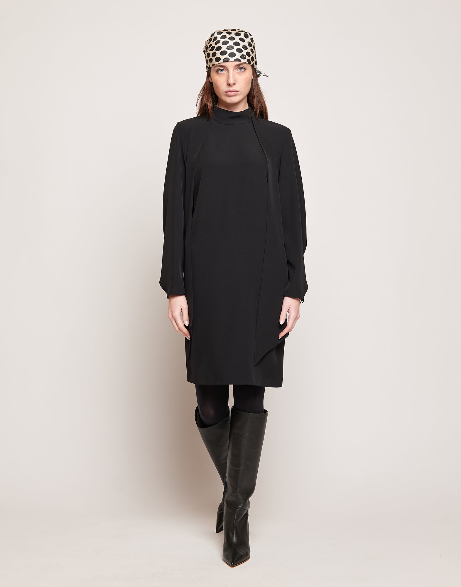 DOUUOD Abito Tunica in Cady Fluido con Nastro al Collo Nero