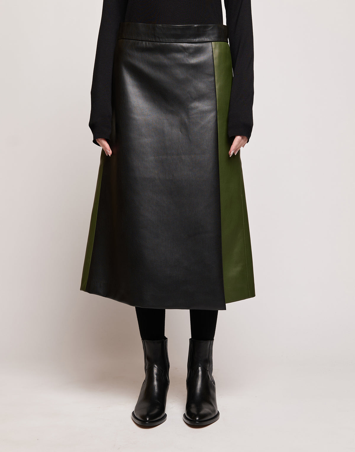 DOUUOD Gonna Longuette in Eco Soft Leather Bicolore Oliva/Nero