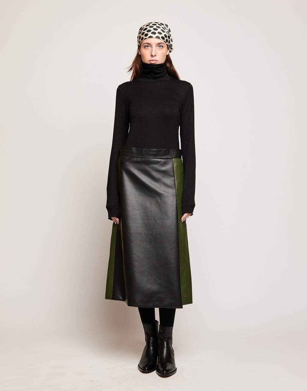 DOUUOD Gonna Longuette in Eco Soft Leather Bicolore Oliva/Nero