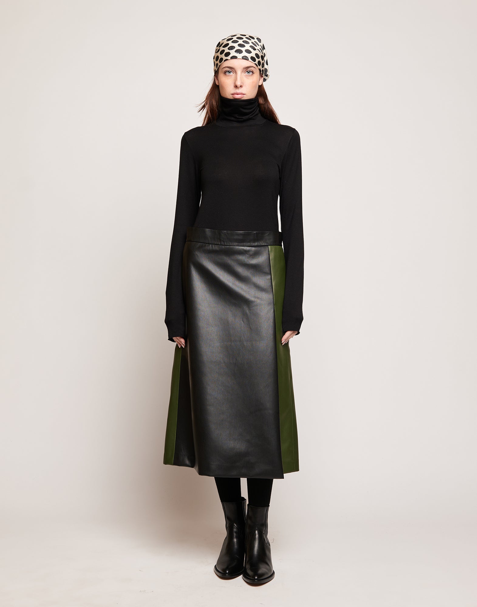 DOUUOD Gonna Longuette in Eco Soft Leather Bicolore Oliva/Nero