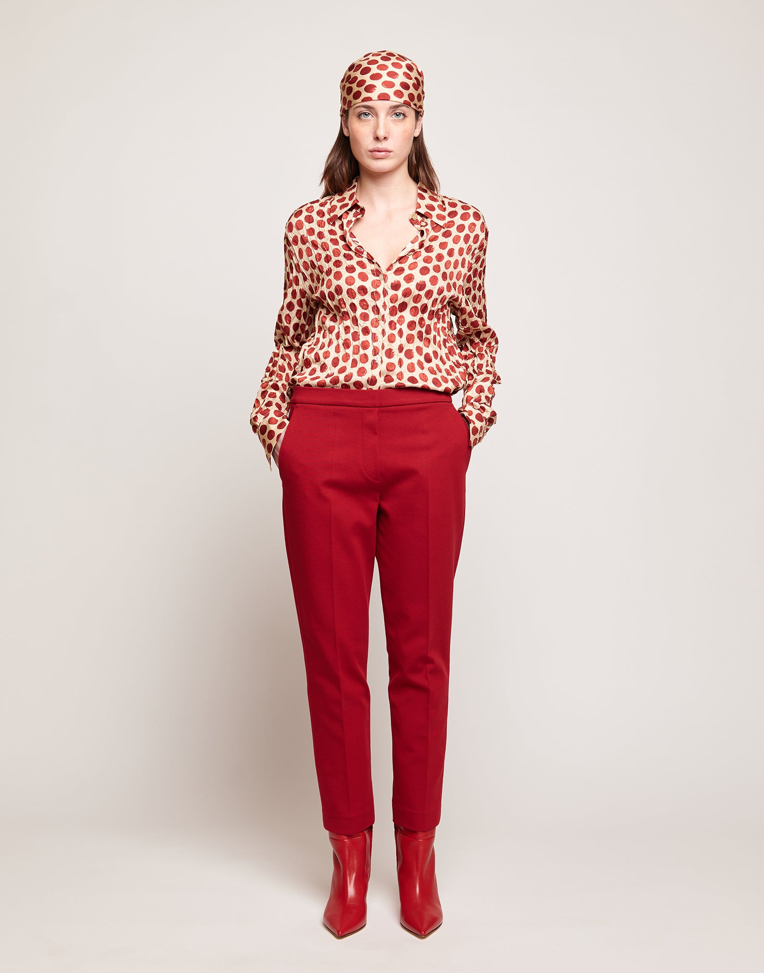 DOUUOD Pantaloni Dritti in Punto Milano con Piega Cherry