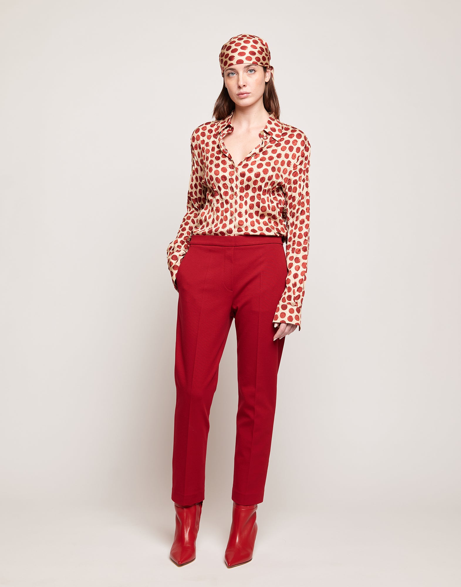 DOUUOD Pantaloni Dritti in Punto Milano con Piega Cherry