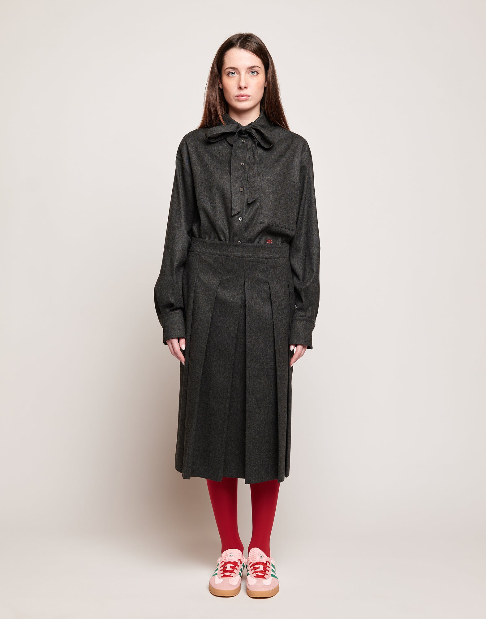 DOUUOD Gonna Longuette in Flanella Stretch a Pieghe Grigio Antracite