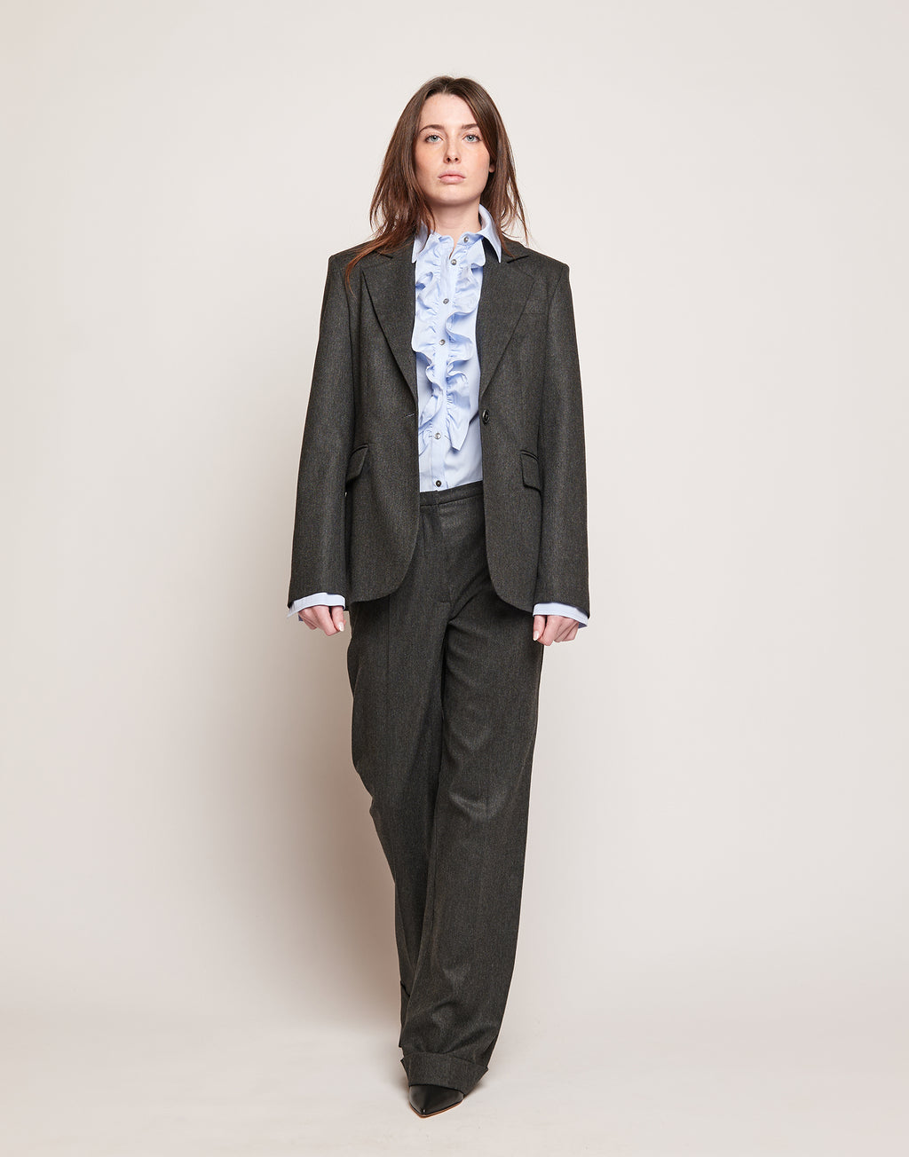 DOUUOD Blazer Monopetto in Flanella Stretch con Rever Grigio Antracite