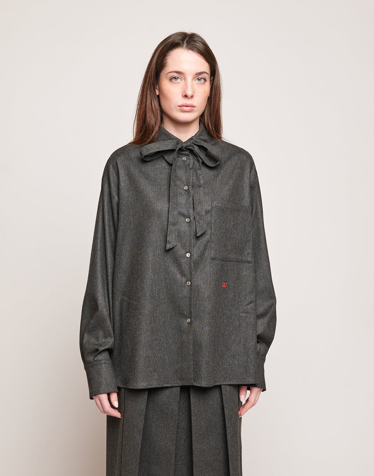 DOUUOD Camicia in Flanella Stretch con Nastro al Collo Grigio Antracite