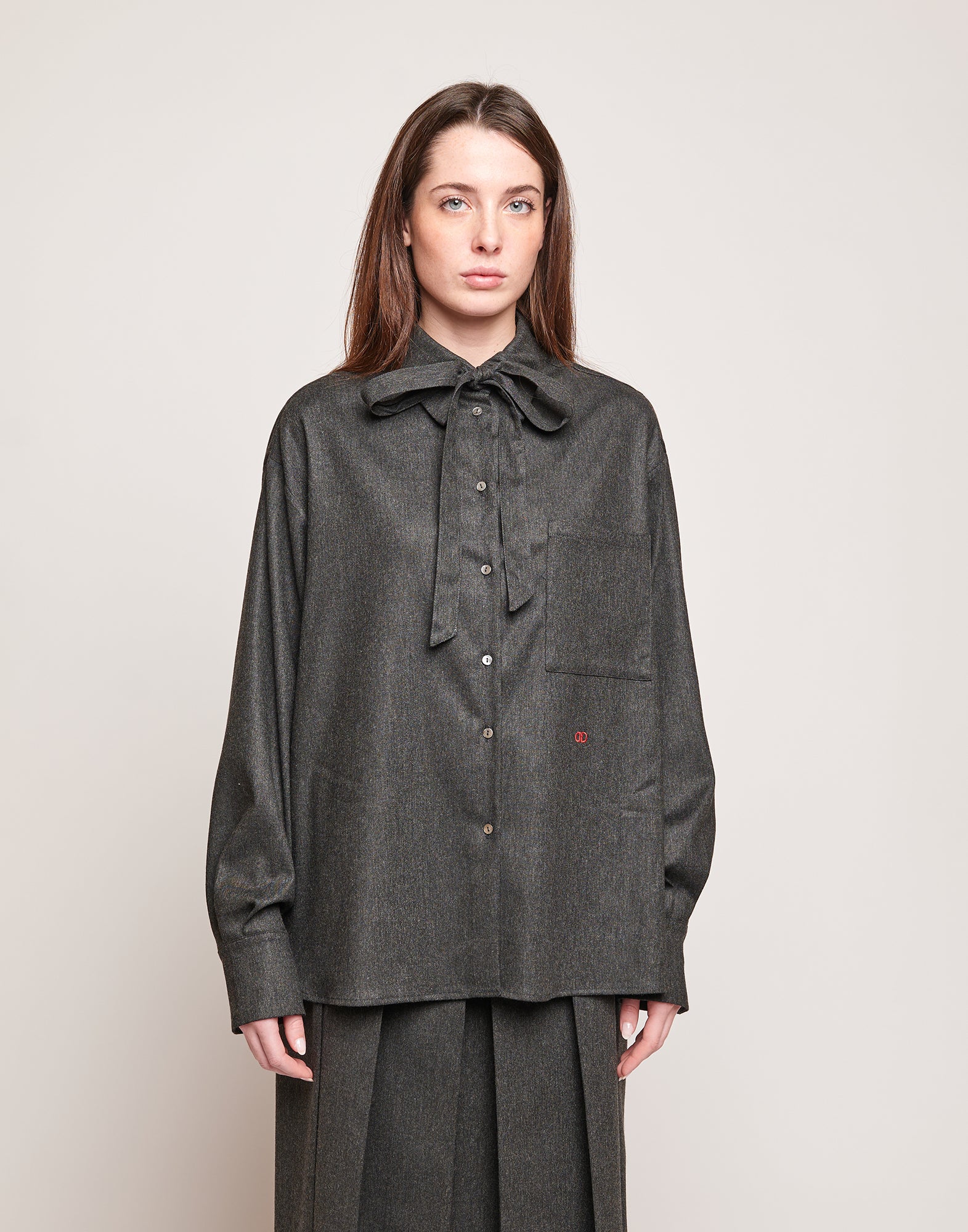DOUUOD Camicia in Flanella Stretch con Nastro al Collo Grigio Antracite