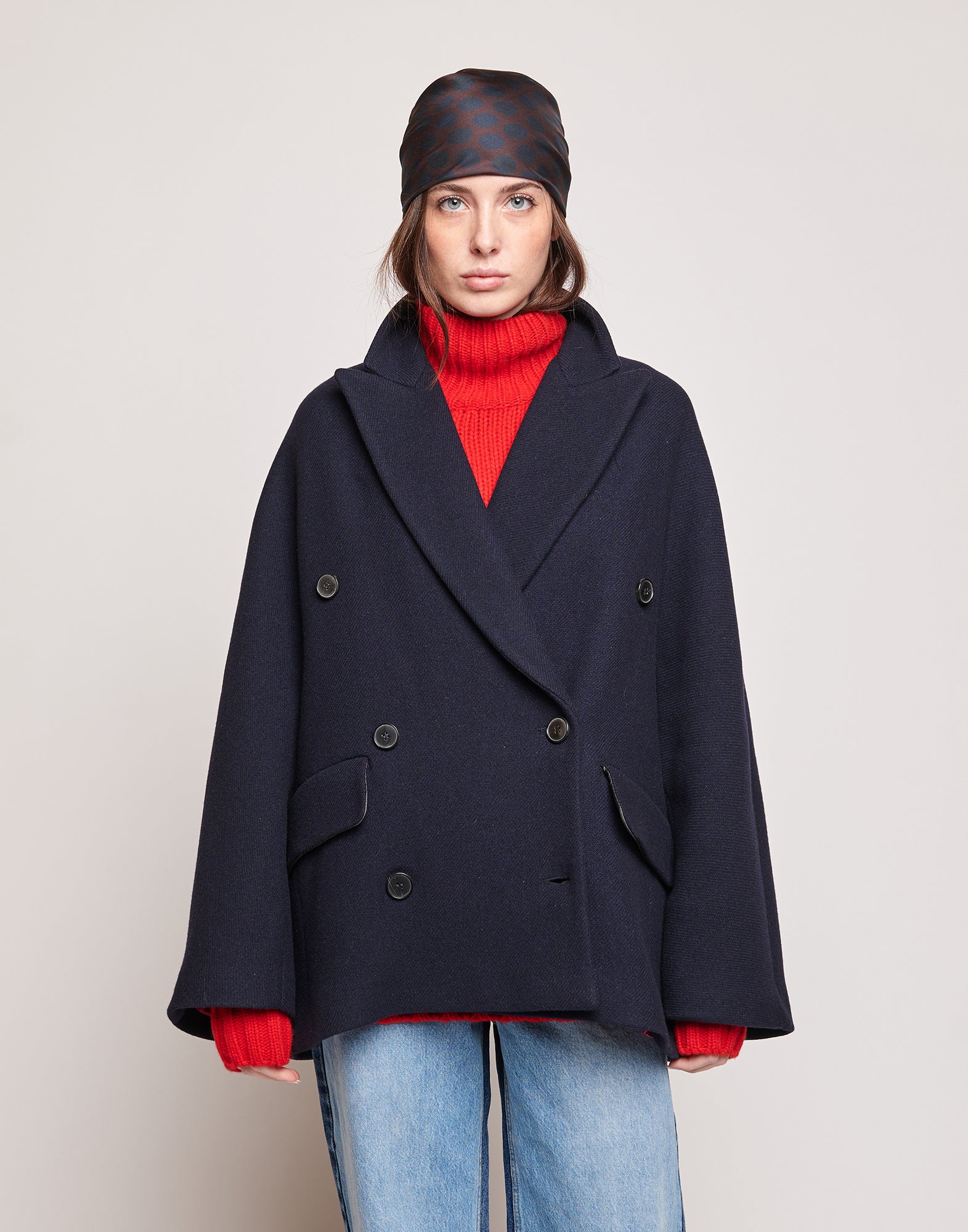 DOUUOD Caban Doppiopetto in Double Twill di Lana Oltremare
