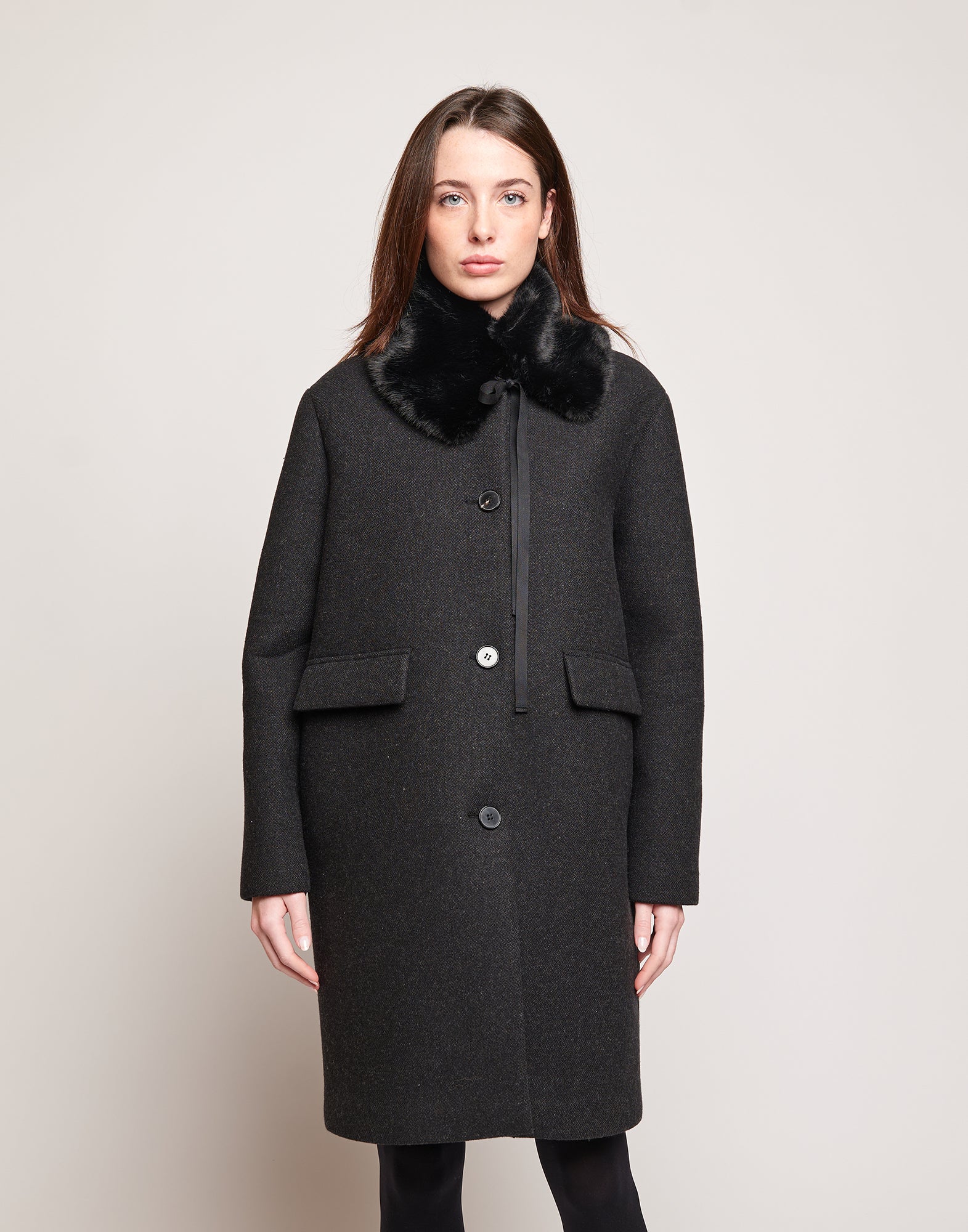 DOUUOD Cappottino Monopetto in Bonded Tecno Neoprene con Collo in Ecofur