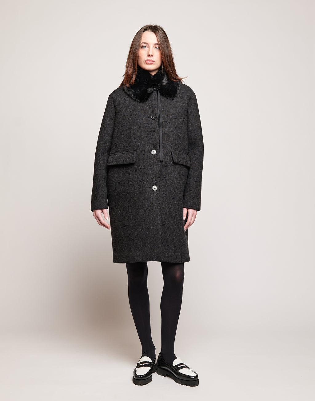 DOUUOD Cappottino Monopetto in Bonded Tecno Neoprene con Collo in Ecofur