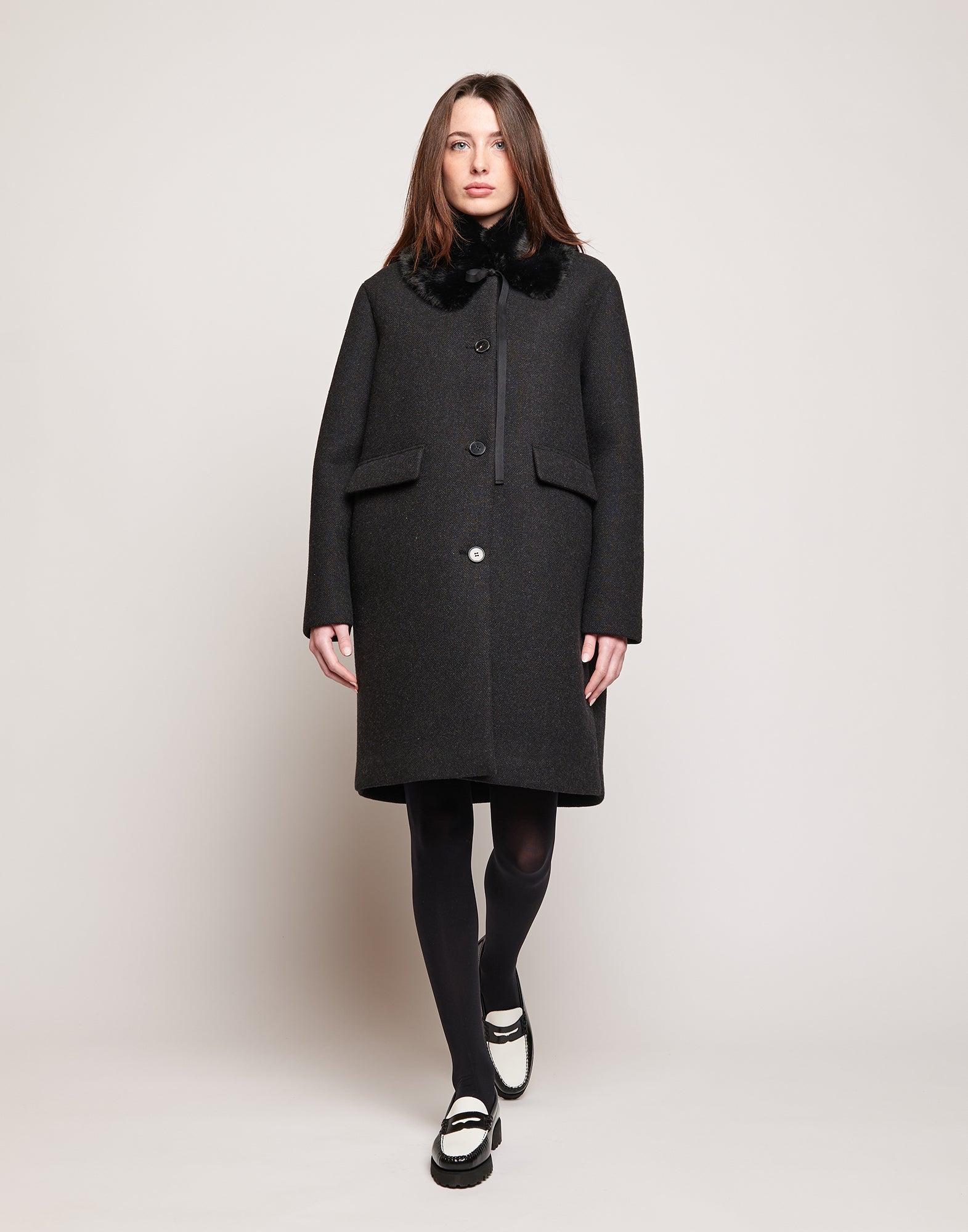 DOUUOD Cappottino Monopetto in Bonded Tecno Neoprene con Collo in Ecofur