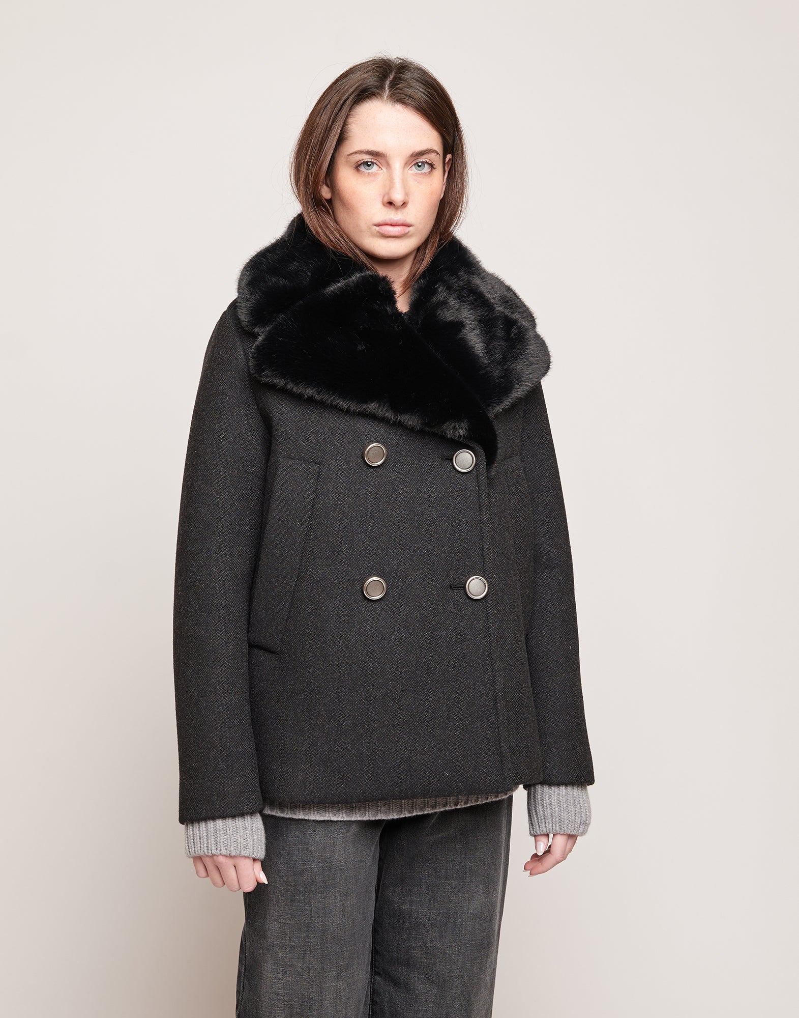 DOUUOD Picot Doppiopetto in Bonded Tecno Neoprene con Collo in Ecofur