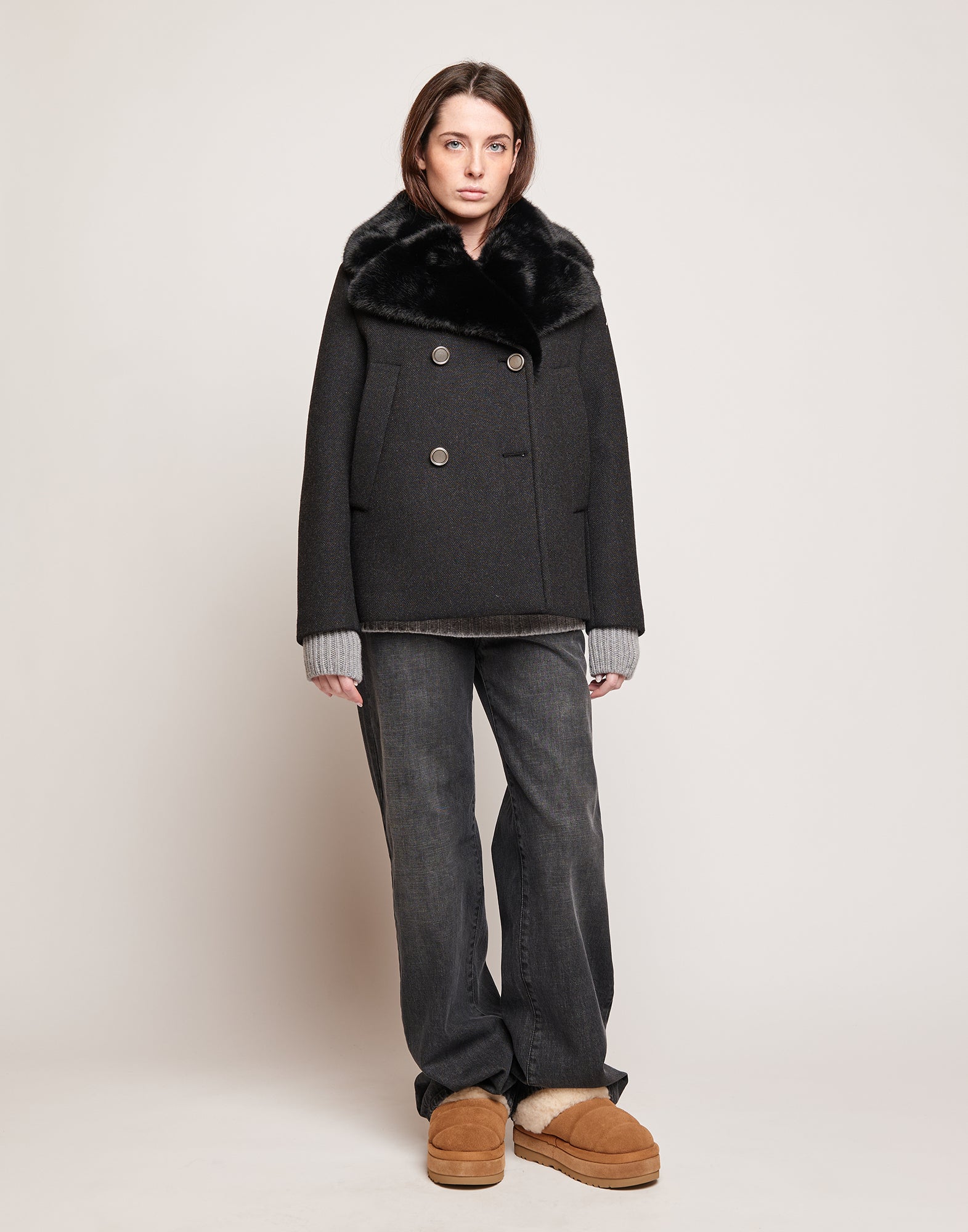 DOUUOD Picot Doppiopetto in Bonded Tecno Neoprene con Collo in Ecofur