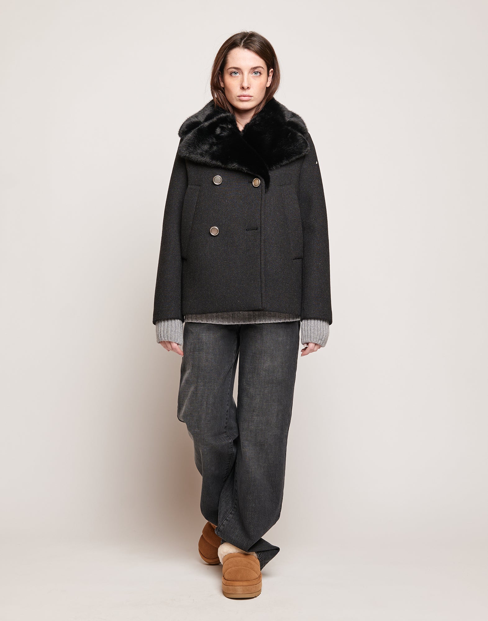 DOUUOD Picot Doppiopetto in Bonded Tecno Neoprene con Collo in Ecofur