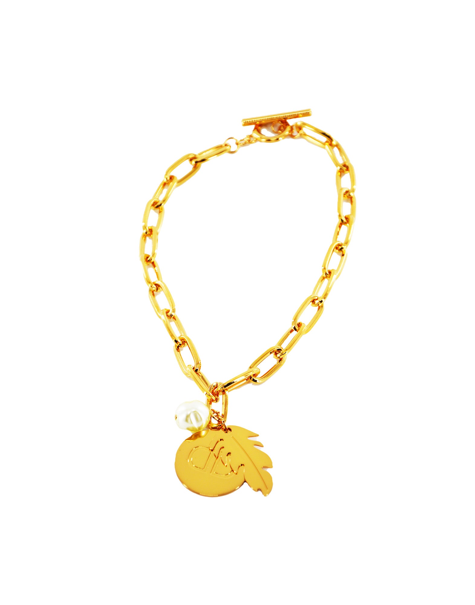 DOUUOD Collana con Ciondolo Logo, Piuma e Perla Barocca Oro