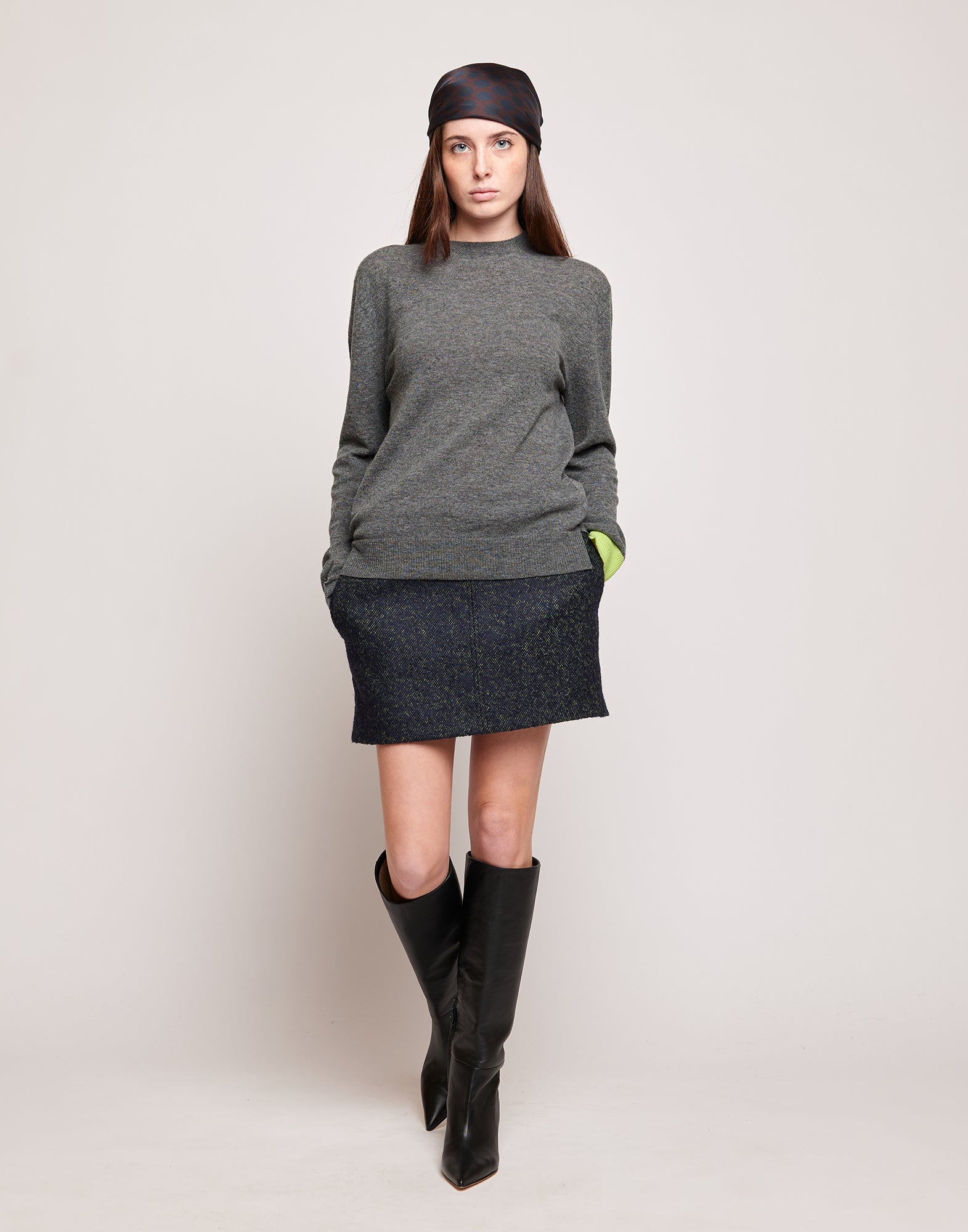 DOUUOD Maglione in Lana Merino Supergeelong con Polsino a Contrasto Grigio/Lime