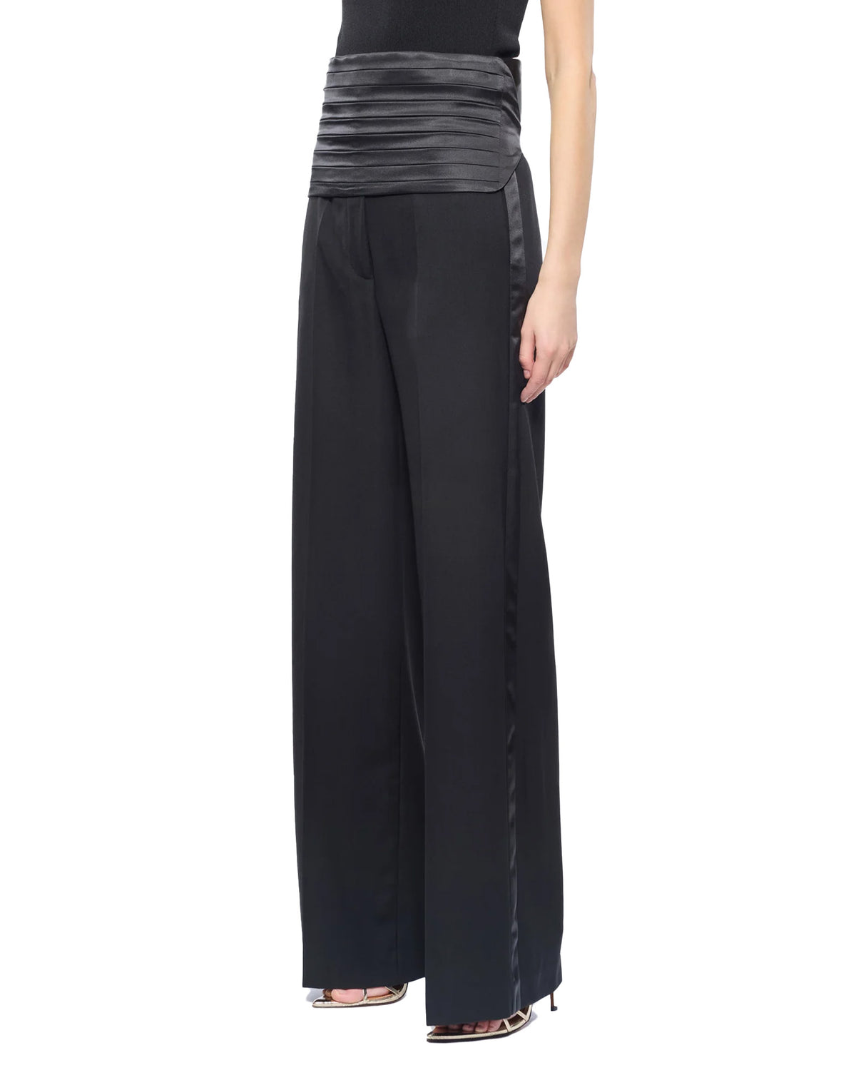 ERIKA CAVALLINI Pantalone Zeno in Fresco di Lana con Fascia in Raso Nero