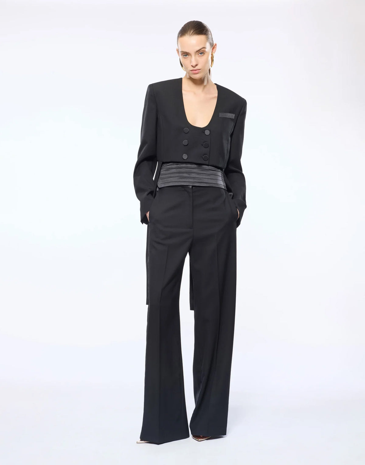 ERIKA CAVALLINI Pantalone Zeno in Fresco di Lana con Fascia in Raso Nero