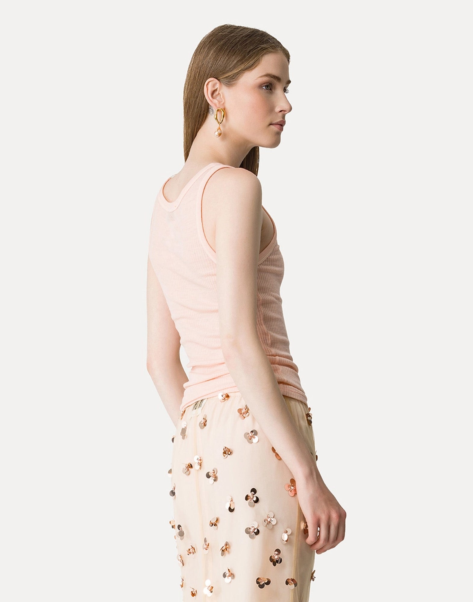 FORTE FORTE Canotta con Scollo all’Americana in Jersey di Lana Peach