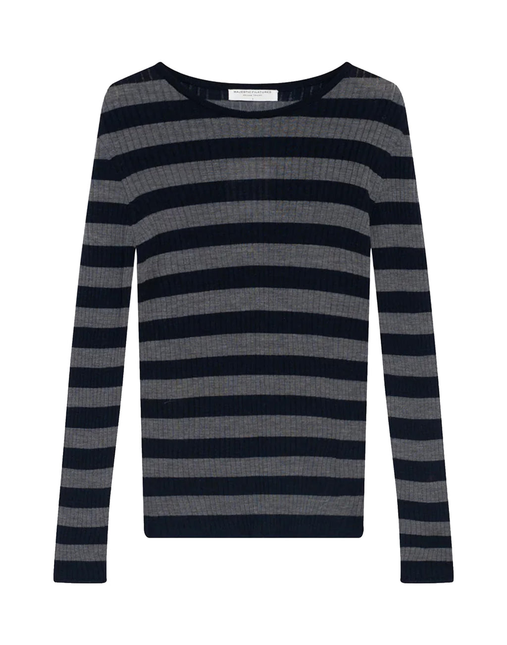 MAJESTIC FILATURES Maglia Girocollo a Costine in Merinos Superfine Blu/Grigio