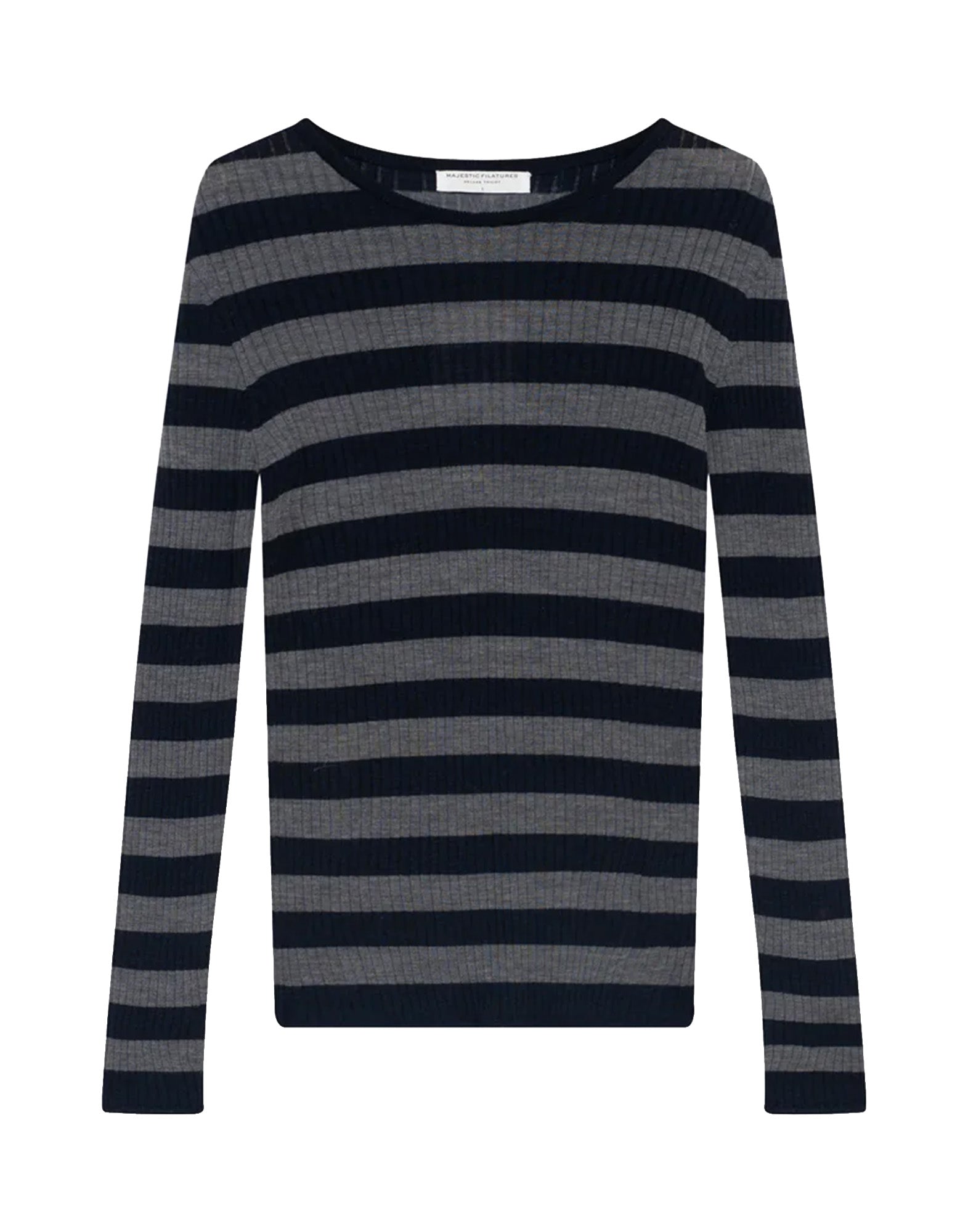 MAJESTIC FILATURES Maglia Girocollo a Costine in Merinos Superfine Blu/Grigio