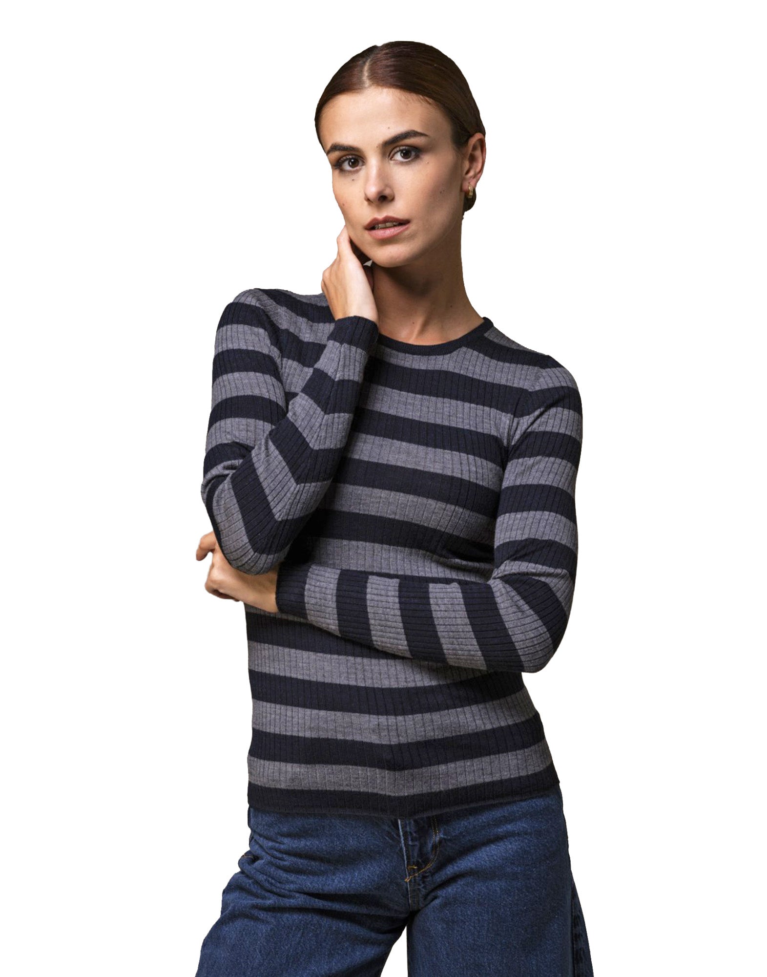 MAJESTIC FILATURES Maglia Girocollo a Costine in Merinos Superfine Blu/Grigio