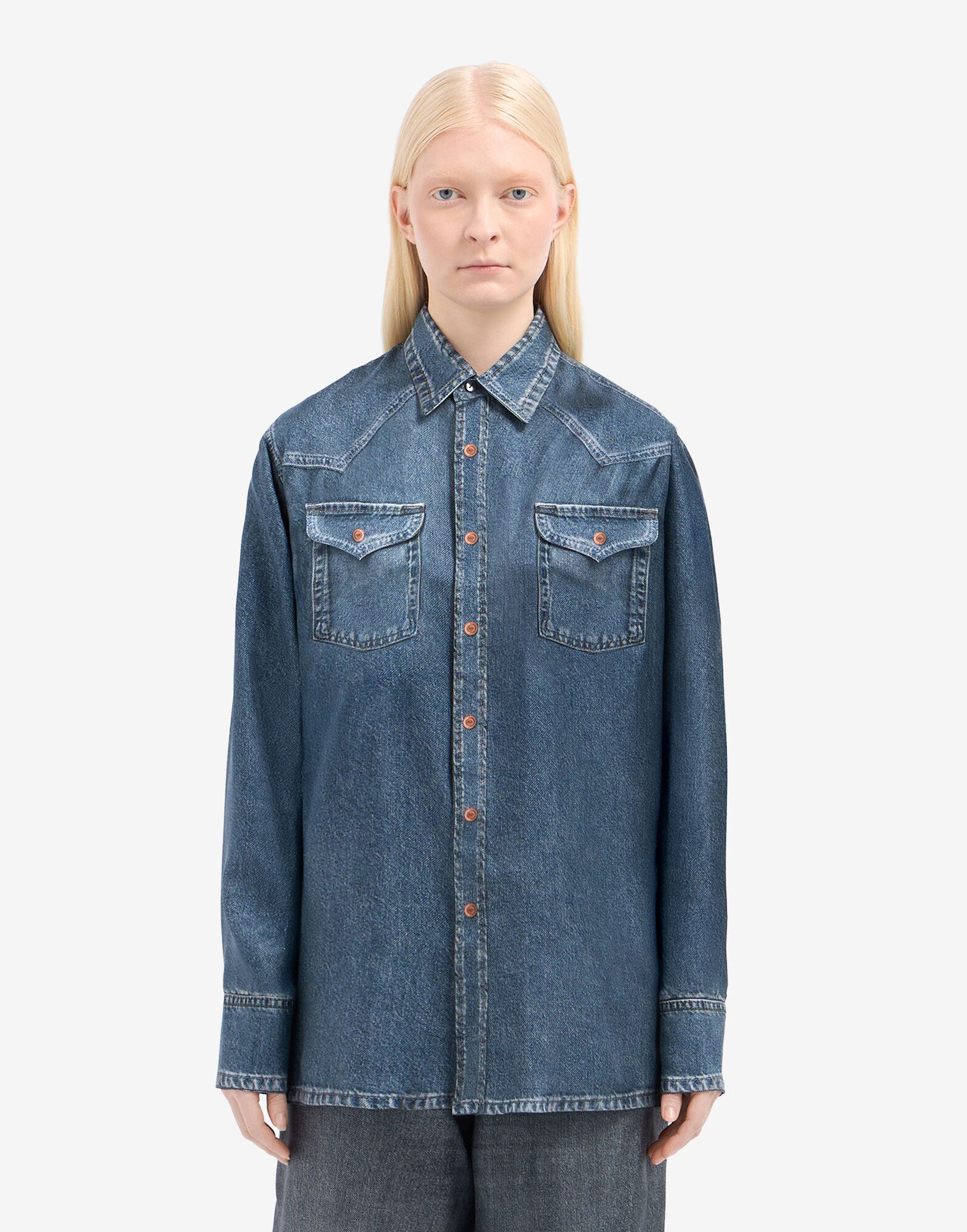 PIERRE-LOUIS MASCIA Camicia Aloe in Seta Stampa Denim Dark Blu