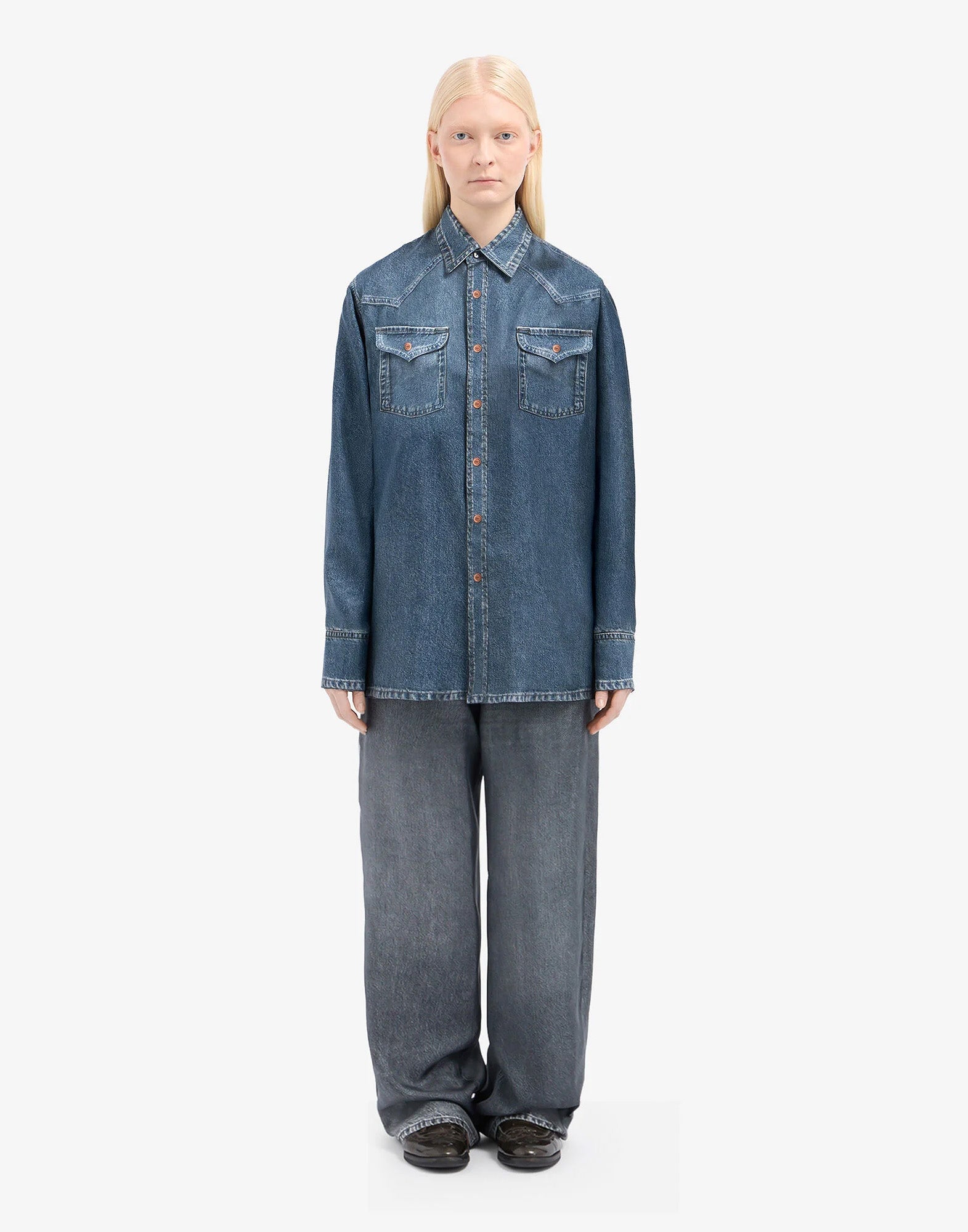 PIERRE-LOUIS MASCIA Camicia Aloe in Seta Stampa Denim Dark Blu