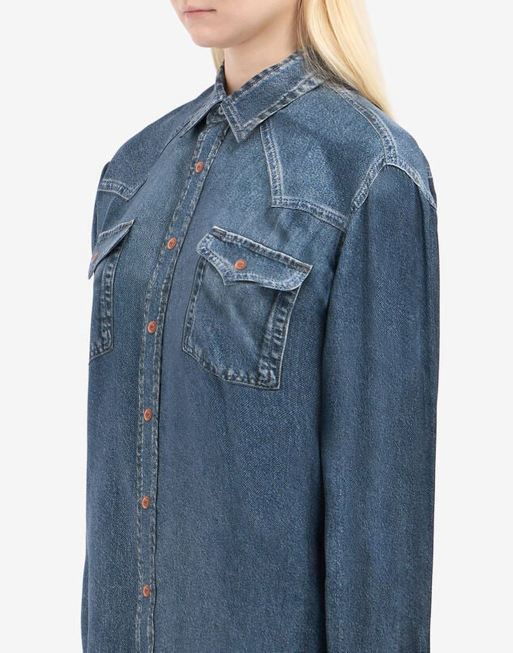 PIERRE-LOUIS MASCIA Camicia Aloe in Seta Stampa Denim Dark Blu