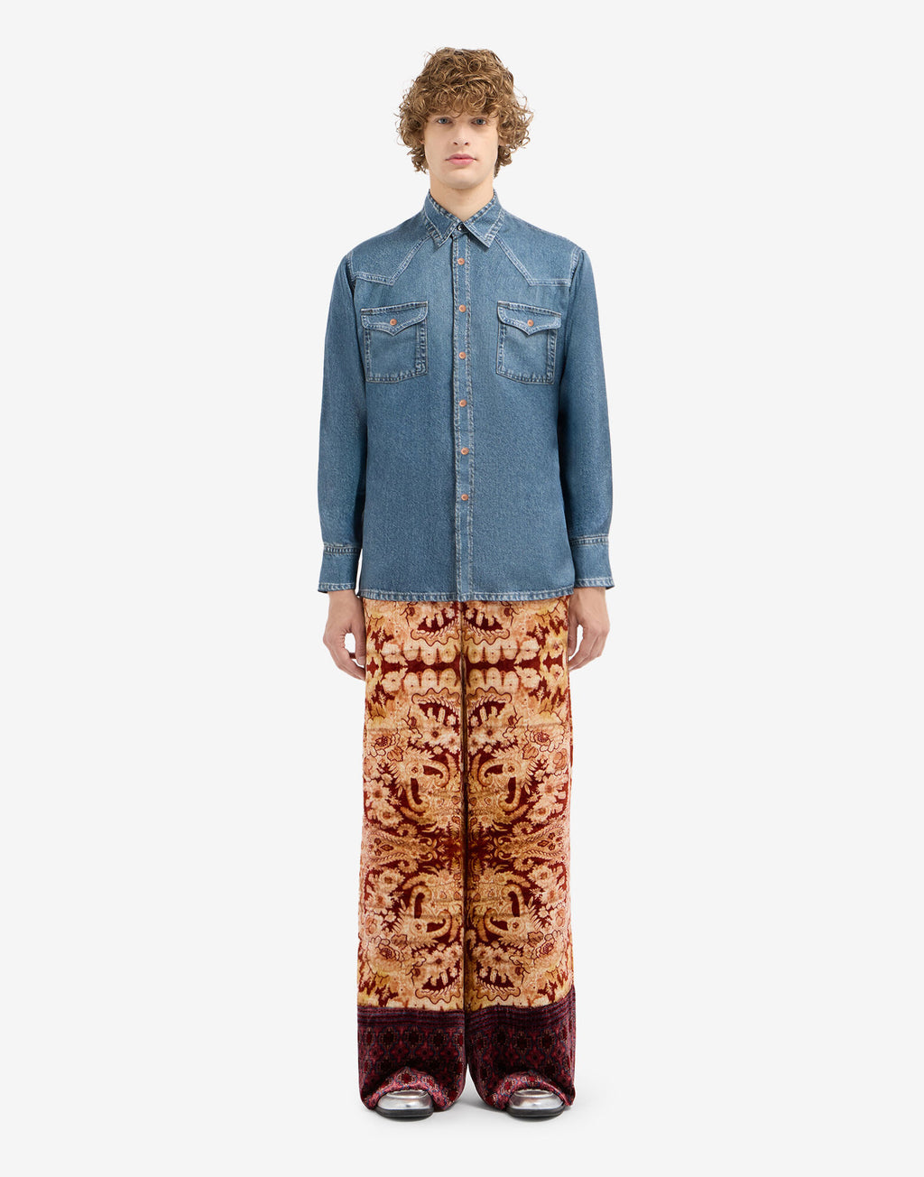 PIERRE-LOUIS MASCIA Camicia Aloe in Seta Stampa Denim Dark Blu