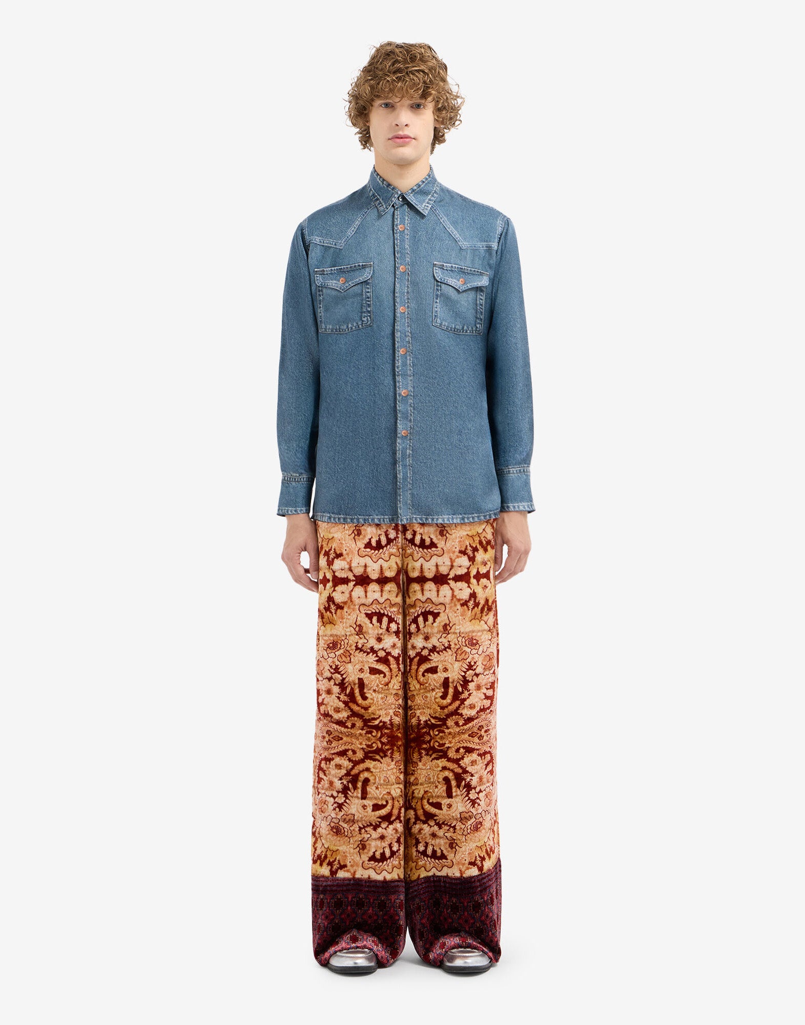 PIERRE-LOUIS MASCIA Camicia Aloe in Seta Stampa Denim Dark Blu