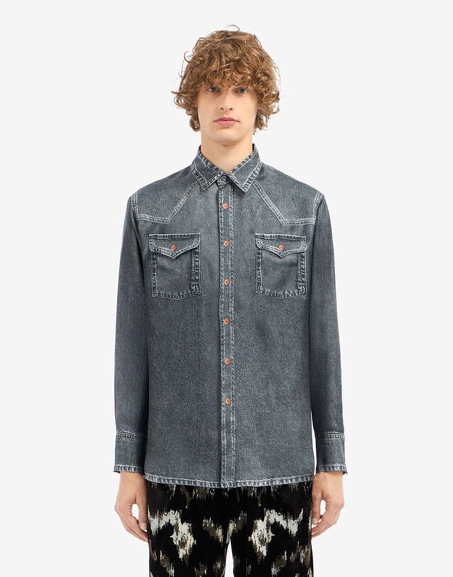 PIERRE-LOUIS MASCIA Camicia Aloe in Seta Stampa Denim Blu Grey
